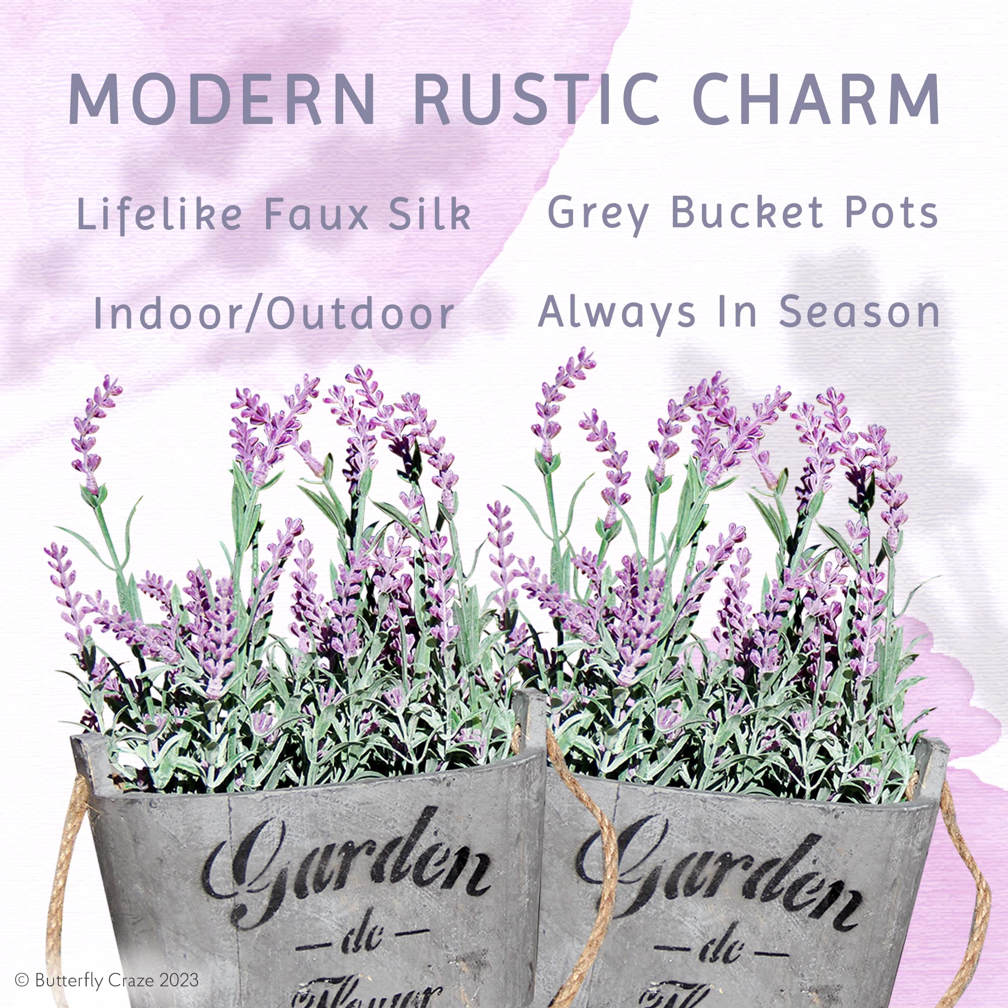 Lifelike Artificial Lavender Plants in Rustic Wooden Planters - Set of 2 Faux Silk Purple Flowers for Home, Office & Patio Decor - Perfect for Wedding Centerpieces, Farmhouse Style Decor & Gift Giving