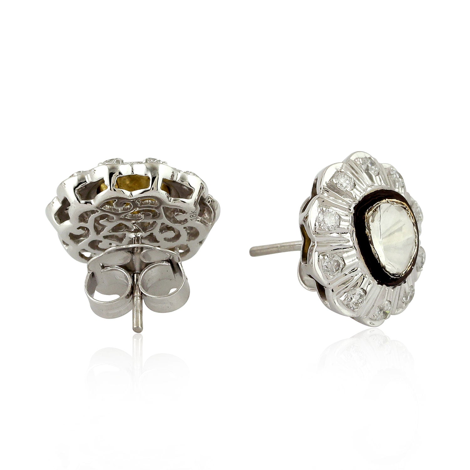 18K White Gold Floral Diamond Stud Earrings - Uncut & Cut Diamond Jewelry for Women - Perfect Gift for Anniversary, Birthday & Special Occasions