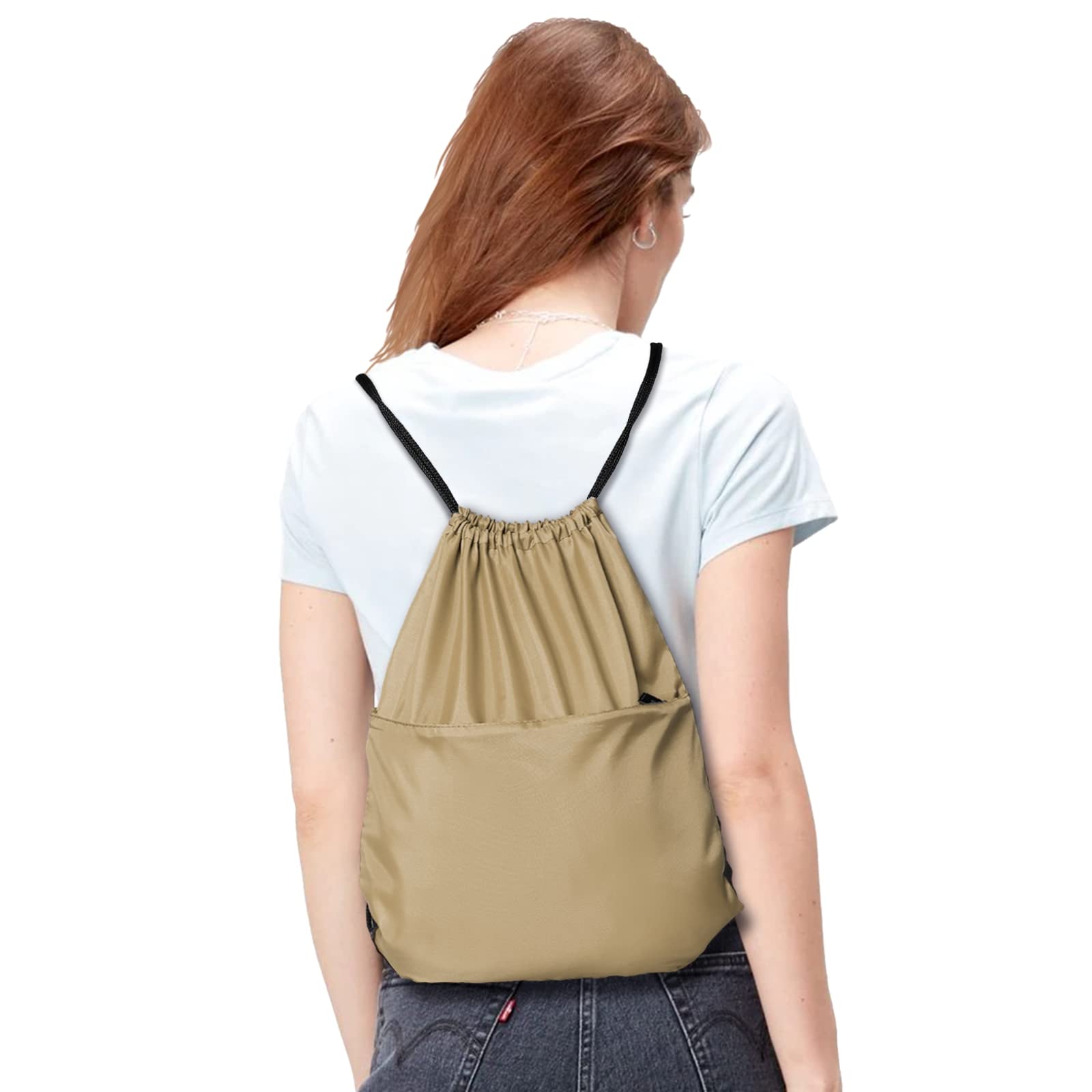 Lightweight 210D Nylon Drawstring Backpack with Zipper Side Pocket - Foldable Gym Sack for Men & Women - Perfect for Sports, Travel & School (Khaki)