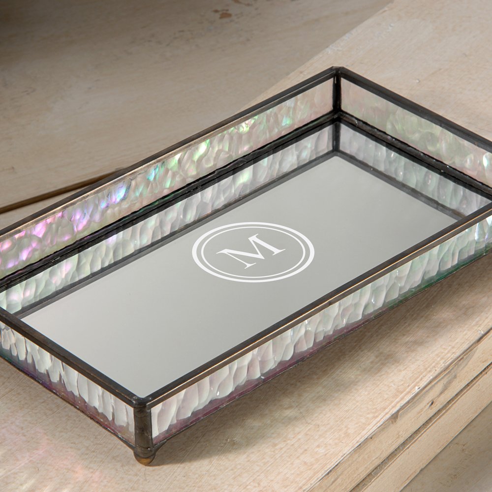 Personalized Glass Jewelry Tray with Mirrored Bottom - Engraved Monogram Dresser Organizer for Necklaces, Rings & Earrings - Perfect for Vanity, Bathroom & Gift Giving
