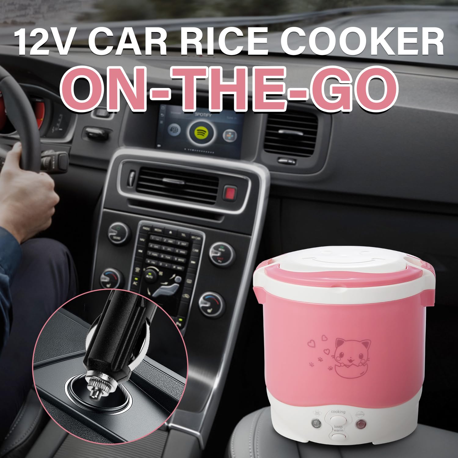 OSBA 12V Portable Small Rice Cooker for Car Travel - Compact Electric Lunch Box with Cooking, Heating & Keep Warm Function - Ideal for Road Trips, Camping & Office Use (Pink)