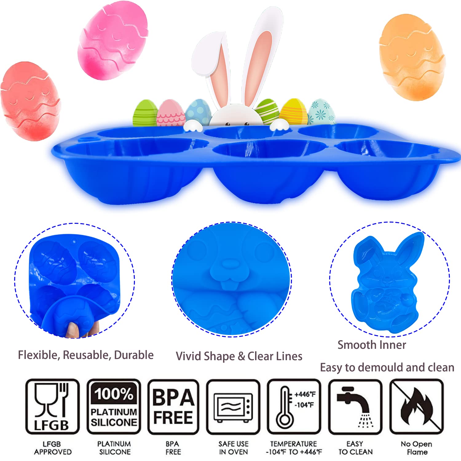 3Pcs Large Bunny Silicone Mold Set - 3D Rabbit Easter Egg Cake Chocolate Candy Jello Cocoa Bombs Baking Molds with 2 Wooden Hammers - Perfect for Easter Treats, DIY Desserts & Holiday Baking