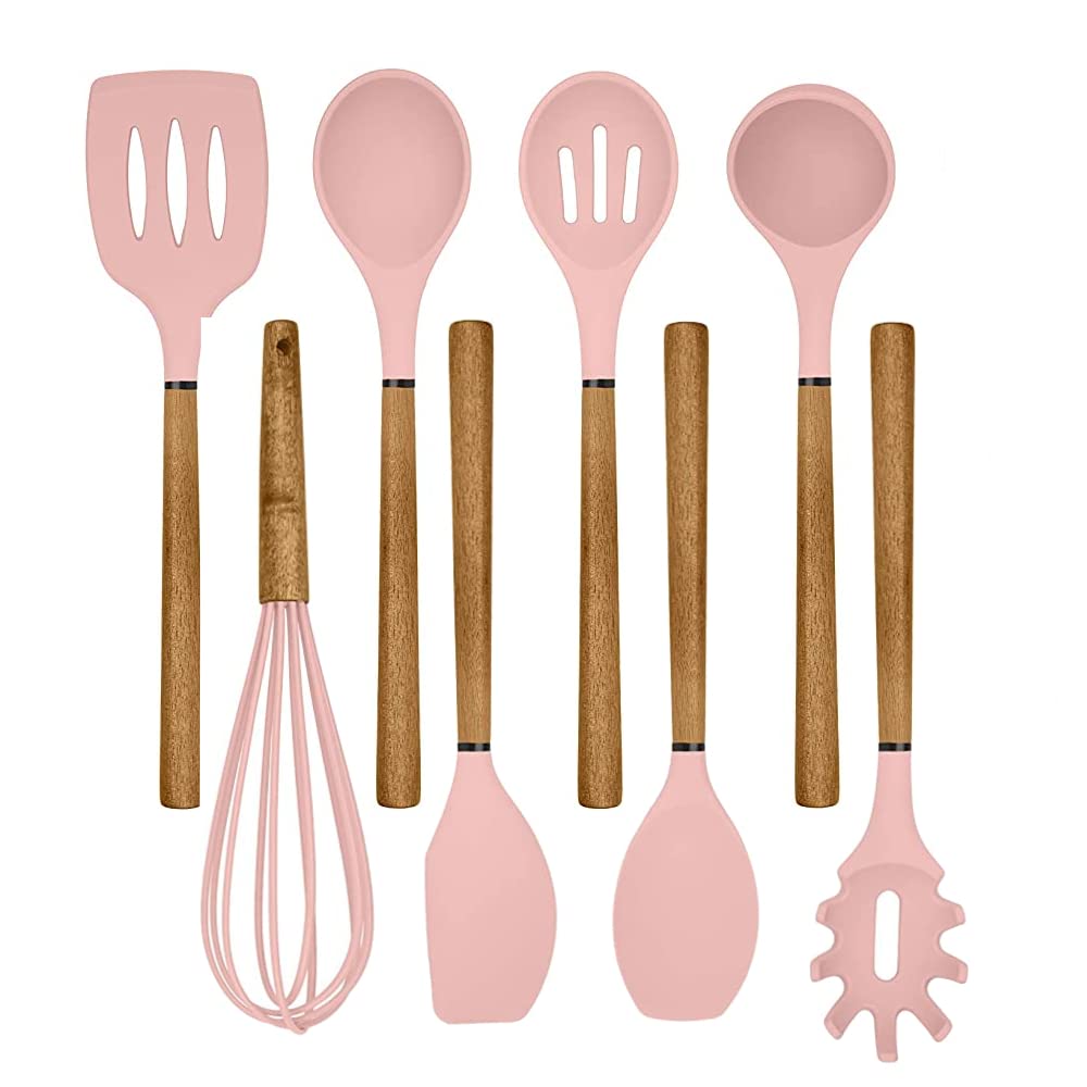 Non-Stick Silicone Cooking Utensil Set with Wood Handles - 8-Piece Kitchen Tool Collection for Baking, Frying & Mixing - Heat Resistant & Dishwasher Safe - Perfect for Home Chefs & Gift Giving (Pink)
