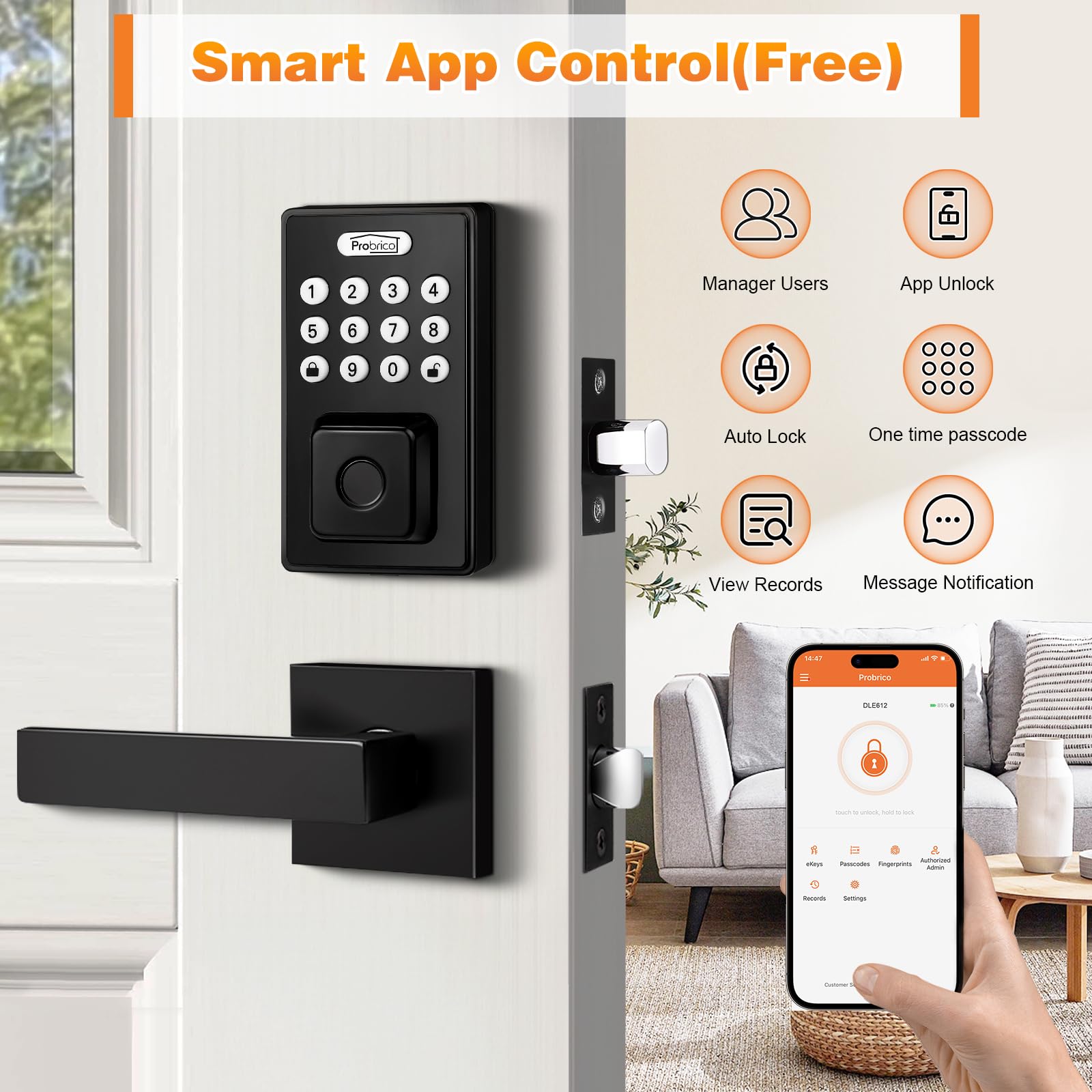 Probrico Smart Keyless Entry Door Lock with Handle - Fingerprint, Keypad & App Control for Front Door - Auto Lock & Deadbolt Security - Perfect for Homes, Apartments & Vacation Rentals