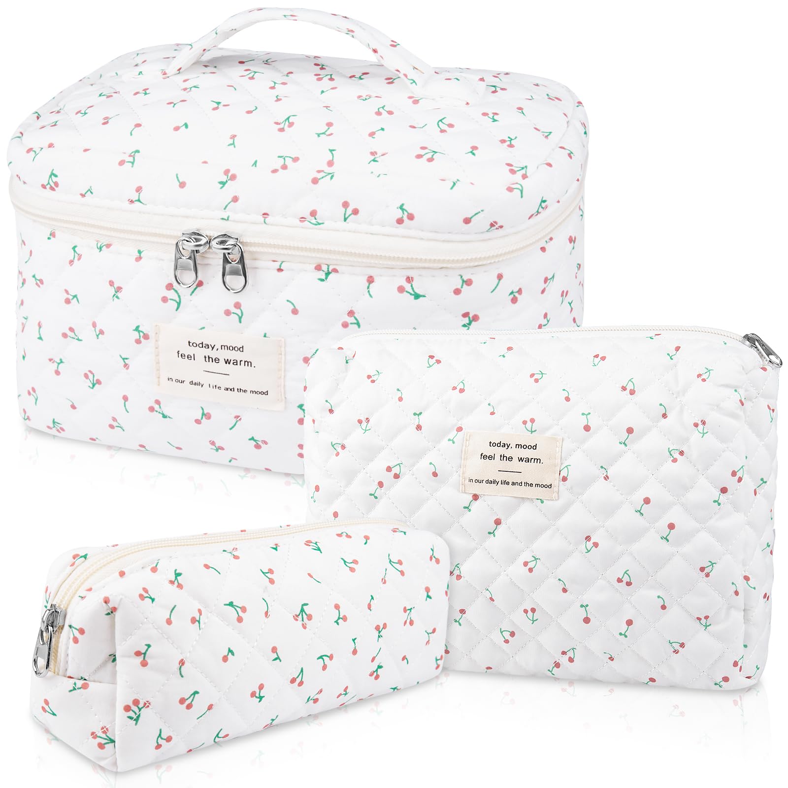 3PC Quilted Makeup Bag Set for Women - Large Floral Cosmetic Organizer, Cute Cotton Travel Toiletry Bags with Flower Design (White Cherry) | Perfect for Travel, Gym, and Daily Beauty Storage