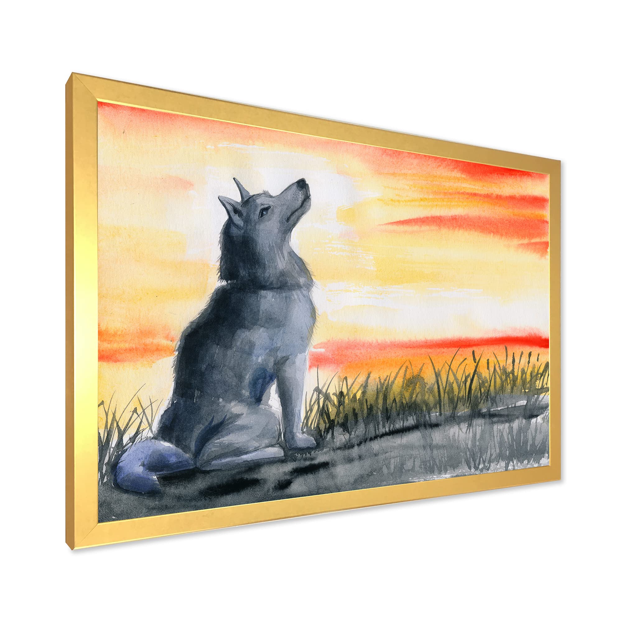 DesignQ Grey Wolf Howling at Moon Framed Wall Art - Traditional Nature Wildlife Decor for Living Room, Bedroom & Office