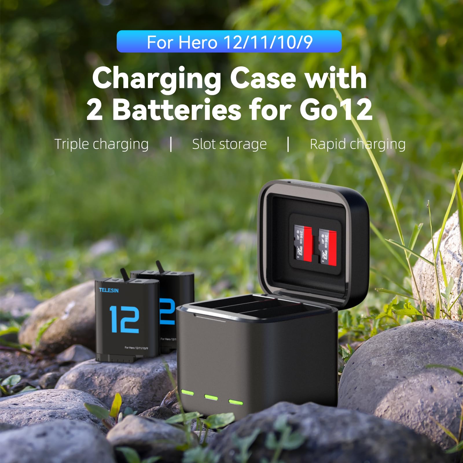 TELESIN 3-Channel USB Fast Charger with 2-Pack Batteries for GoPro Hero 12/11/10/9 Black - Quick Charging Station for Action Camera Accessories (Perfect for Travel, Vlogging & Outdoor Adventures)