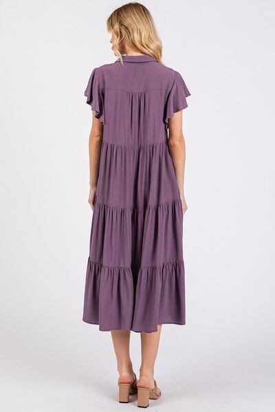 Mittoshop Women's Ruffle Sleeve Collared V-Neck Tiered Midi Dress - Elegant Flowy Summer Dress for Beach, Wedding & Party Occasions