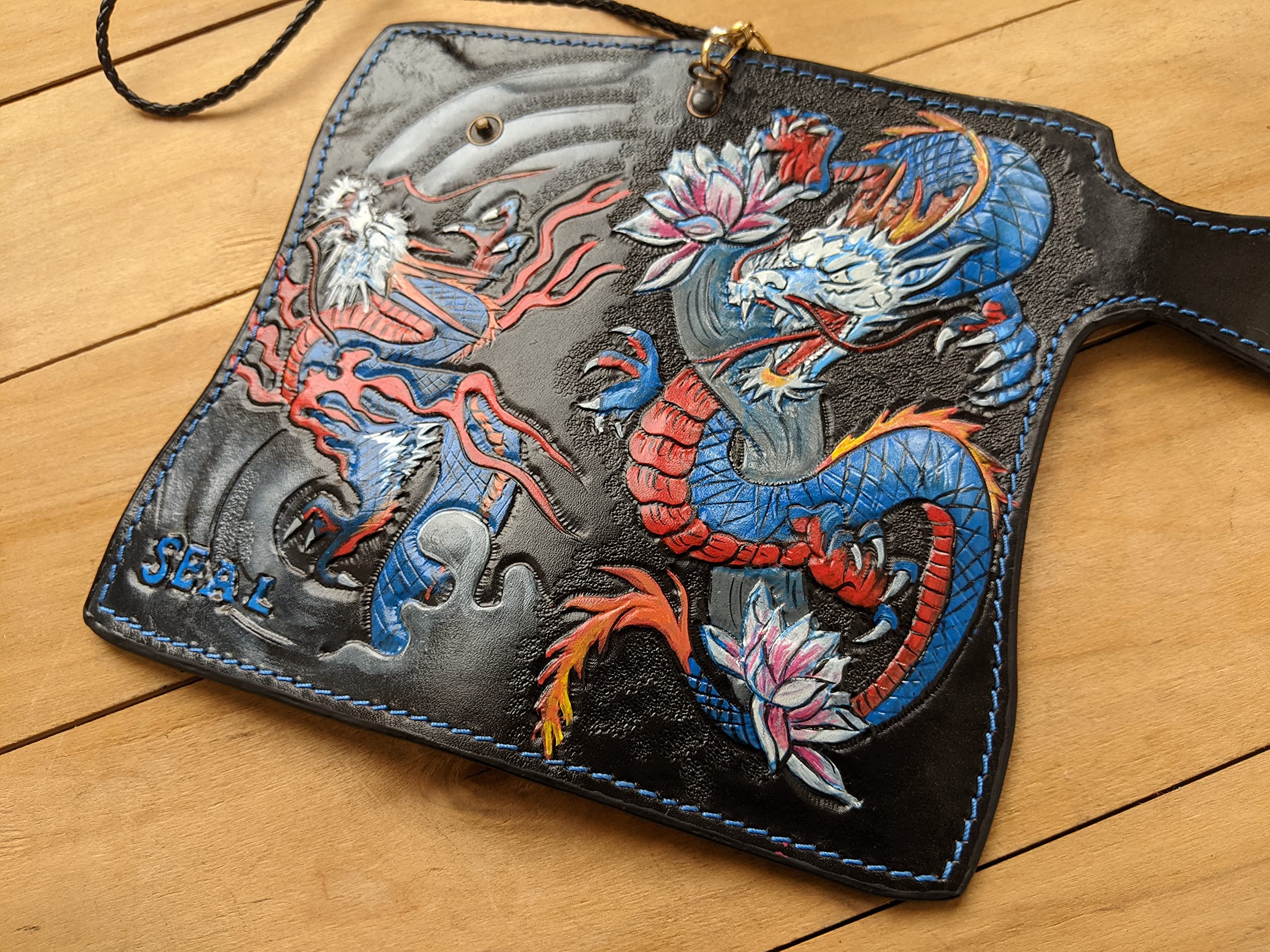 Handcrafted 3D Genuine Leather Wallet for Men - Long Biker Wallet with Intricate Hand-Carved Dragon Design - Custom Personalized Japanese Style Wallet - Perfect for Motorcycle Enthusiasts, Gift Giving & Everyday Use