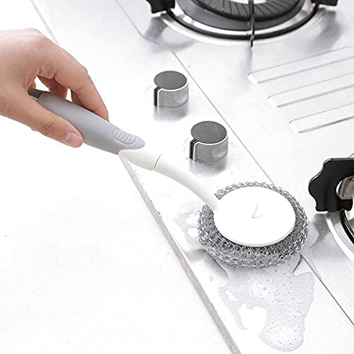 JERN® 3 Pack Long-Handled Scrub Brush - Stainless Steel Wire Grill & Pot Scrubber with Hanging Hole - Heavy Duty Cleaning Brush for Kitchen, Grill, BBQ, Oven & Cookware - Durable Scouring Pads & Utensil Cleaner