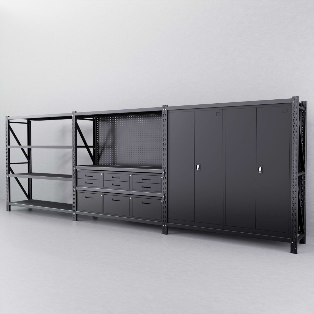 9-Drawer Pegboard Workbench with 2 Cabinets & 1.5m/2m Shelving - Heavy Duty Garage Storage Organizer for Tools & DIY Projects