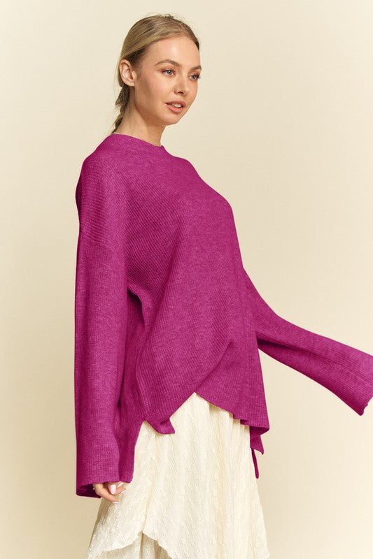 Women's Round Neck Drop Shoulder Purple Beach Sweater - Soft Knit Casual Pullover for Vacation, Travel & Summer Outfits