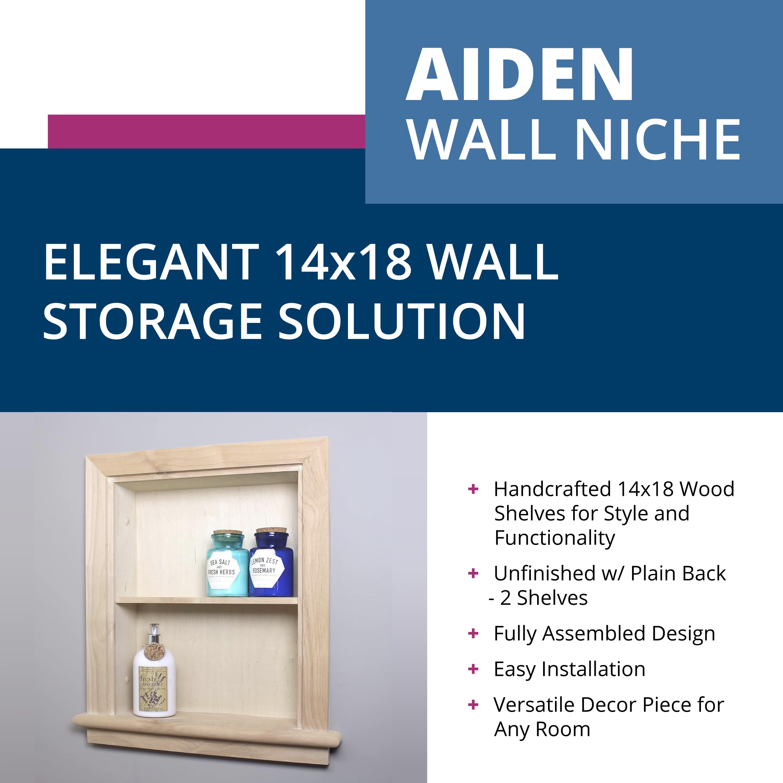 Fox Hollow Furnishings 14x18 Inch Recessed Wall Niche Medicine Cabinet - Solid Wood Bathroom Storage Shelf (No MDF) - Unfinished North American Made - Perfect for Bathroom Organization and Small Space Storage