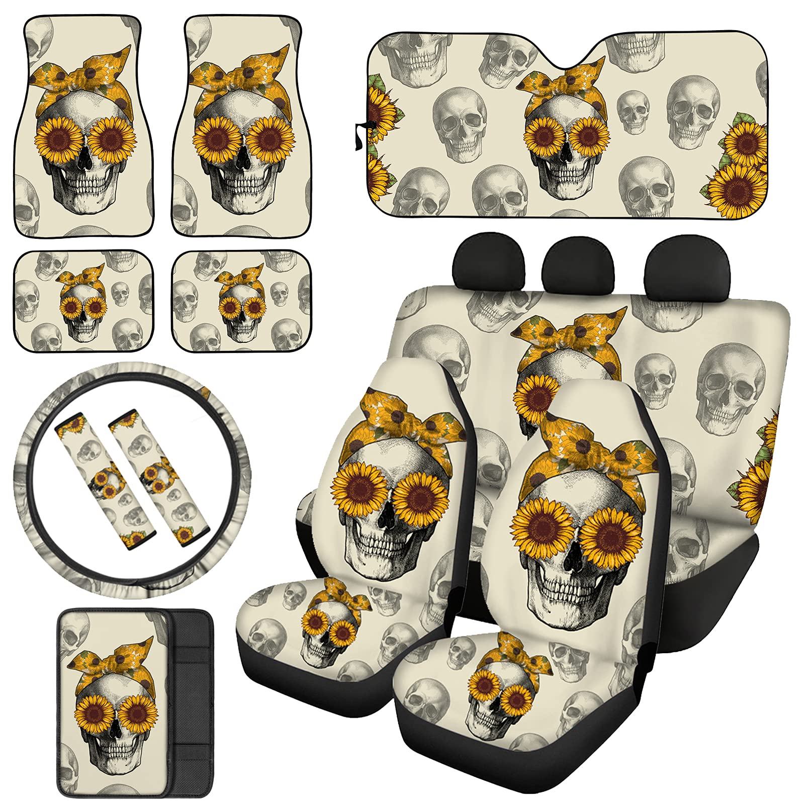 JEOCODY 13PCS Universal Car Seat Covers Set - Sunflower Skull Design Front Seat Covers, Sun Visor, Floor Mats, Steering Wheel Pad, Seatbelt Pads & Console Protector - Soft Durable Interior Accessories for Cars, SUVs & Trucks - Perfect for Road Trips & Customizing Vehicle Interior