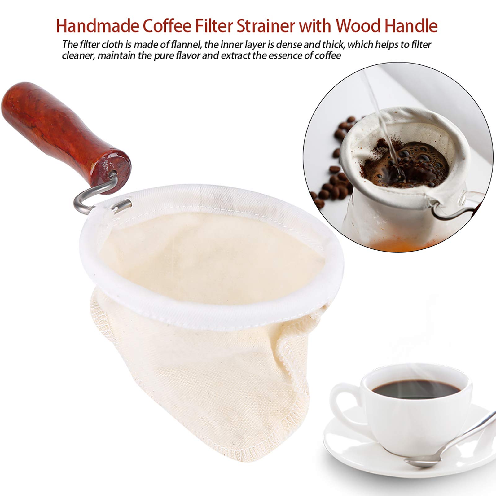 Reusable Cloth Coffee Filter Strainer - Handmade Washable Flannel Coffee Sock Dripper with Wooden Handle (Small) | Perfect for Pour Over, Cold Brew & French Press Coffee Making at Home