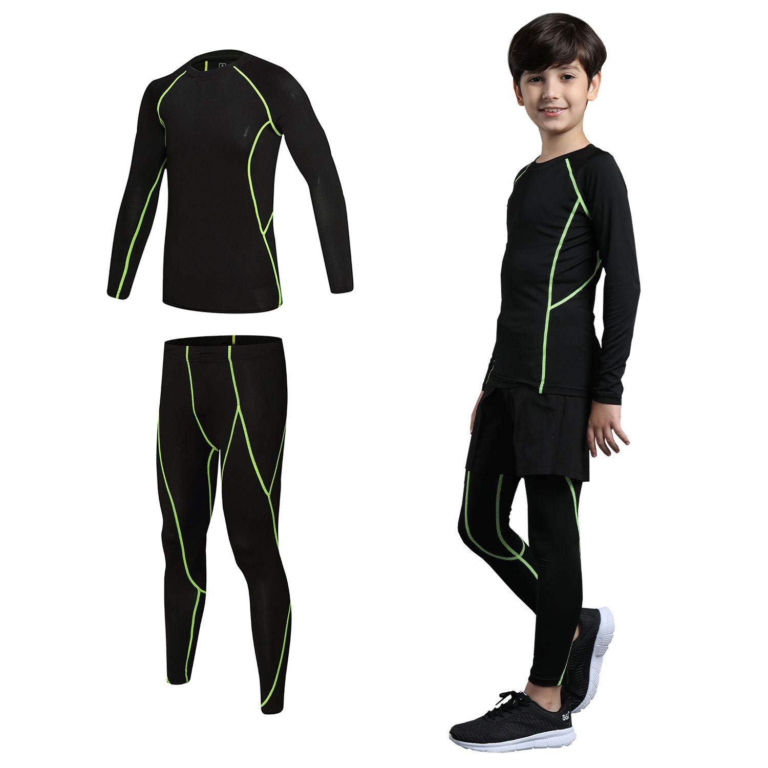 2/3/4 Pcs Boys Girls Athletic Compression Leggings & Shirts Set - Running Pants, Tights, Base Layer Thermal Outfit for Kids - Perfect for Sports, Gym, Yoga & Cold Weather Activities