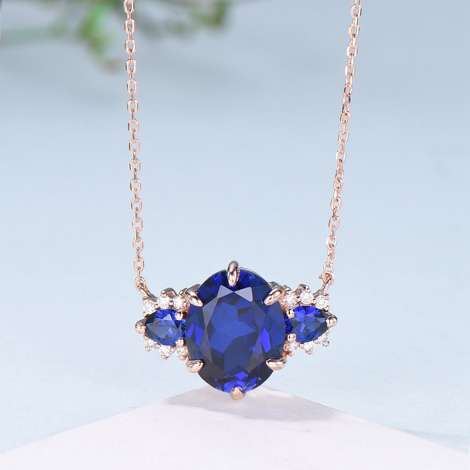 8x10mm Oval Blue Sapphire Pendant Necklace - Vintage Rose Gold Pear Cut Gemstone Jewelry for Women - Elegant Christmas Gift, Anniversary Present & Everyday Wear