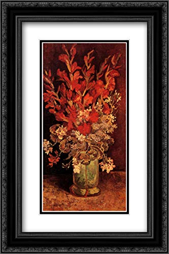 Vincent van Gogh Floral Vase Art Print - 16x24 Inch Black Ornate Frame with Double Matting, Featuring Gladioli and Carnations | Perfect for Living Room Decor, Office Wall Art & Gift for Art Lovers