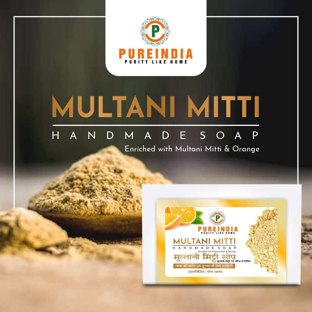 Pureindia Handmade Multani & Orange Bathing Bar - 100GM (Pack of 5) | All Skin Types | Enriched with Orange Essential Oil | Gentle Exfoliation & Moisturizing | Perfect for Daily Shower & Spa Relaxation