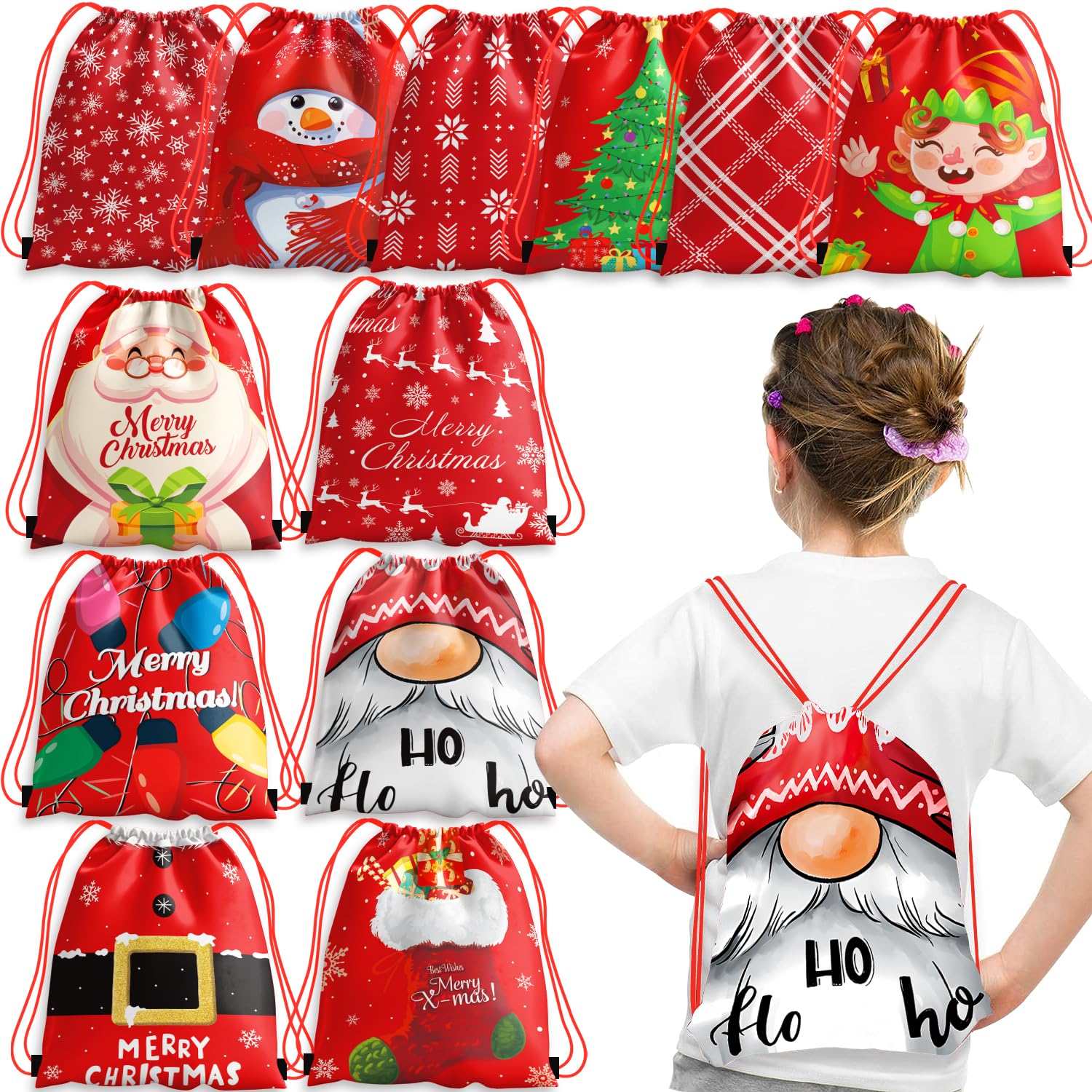 12 Pack Christmas Drawstring Gift Bags - Reusable Santa Claus & Xmas Tree Holiday Party Favor Bags for Christmas Gifts, Stocking Stuffers & Festive Celebrations