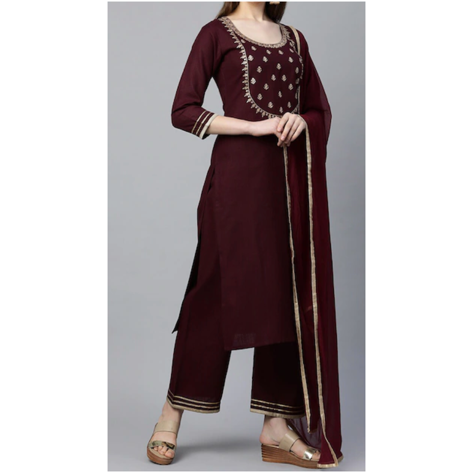 Elegant Maroon Embroidered Gotta Patti Kurta Set with Palazzos & Dupatta for Women | Festive Ethnic Wear | Perfect for Diwali, Weddings & Special Occasions