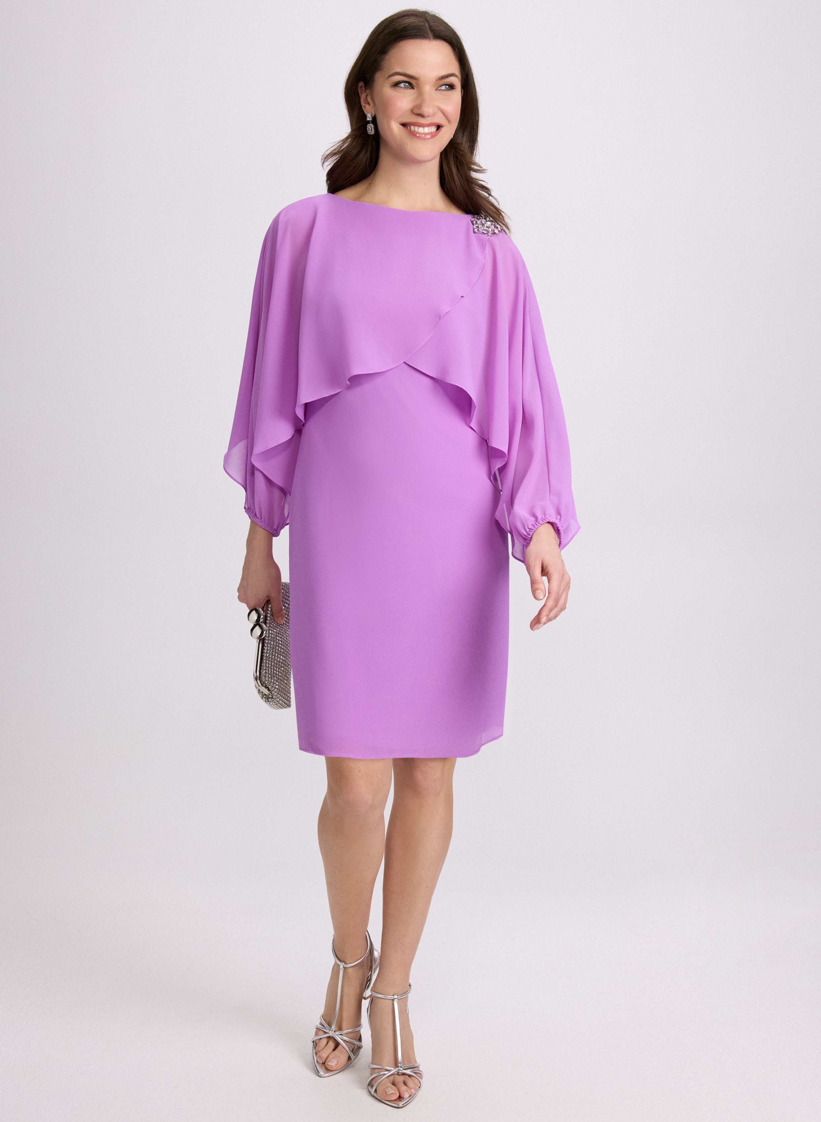 Elegant Brooch Embellished Capelet Dress for Women - Perfect for Weddings, Parties & Formal Occasions