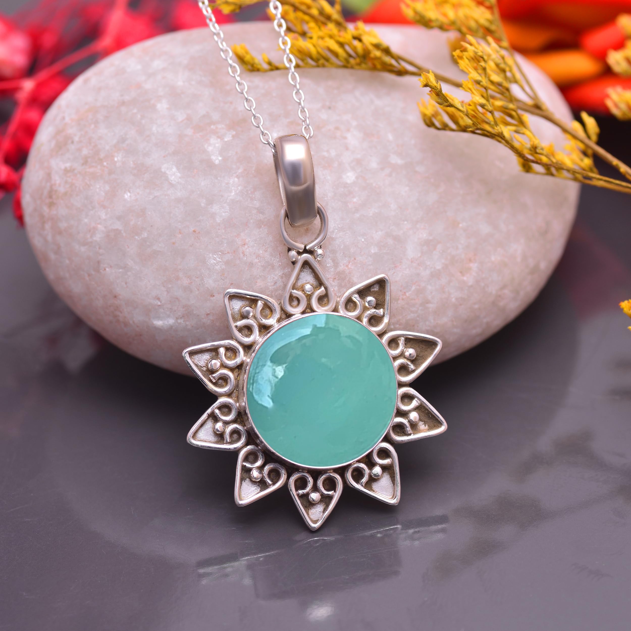 Aqua Chalcedony Pendant Necklace for Women - 925 Sterling Silver 18