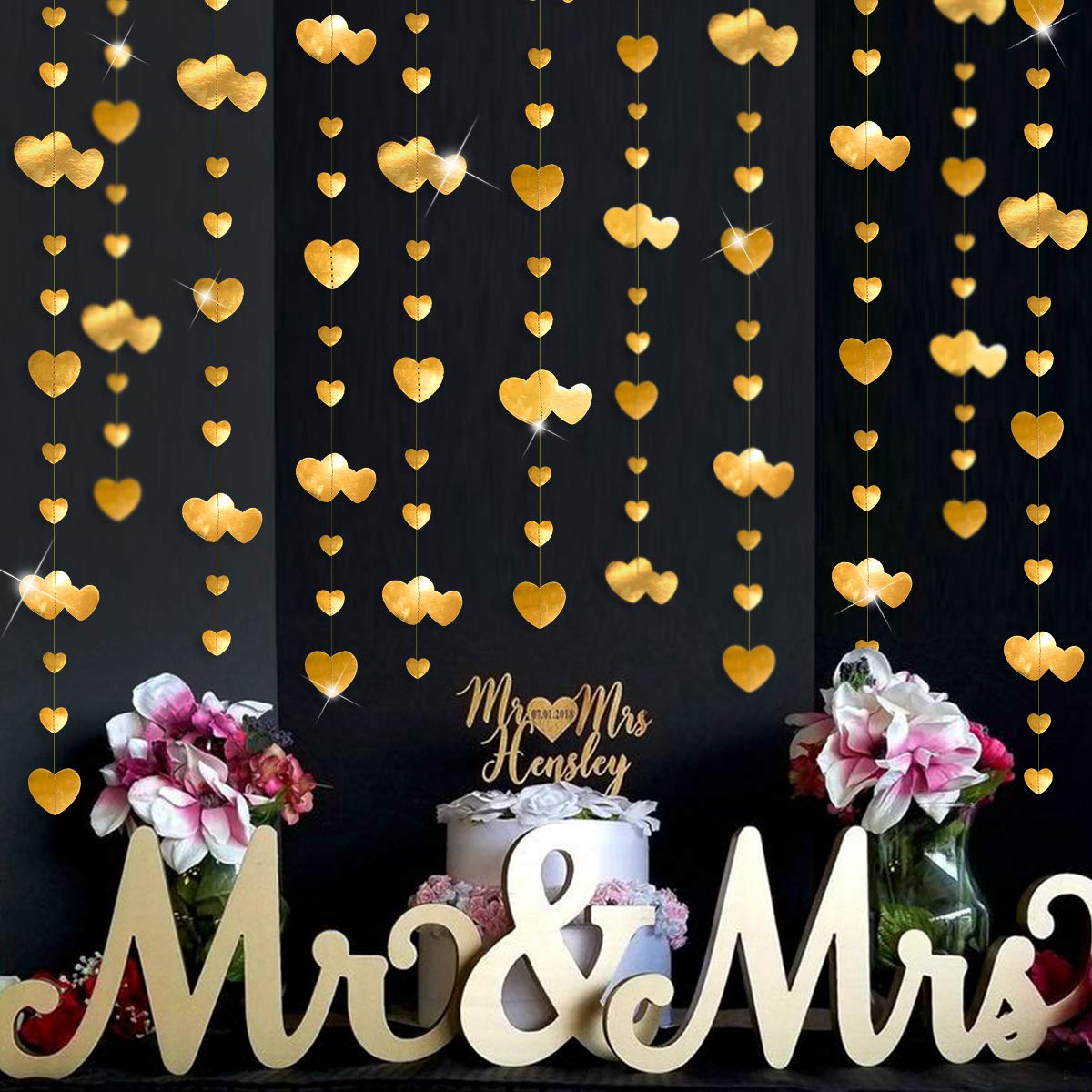 PinkBlume Valentine's Day Gold Heart Garland - Romantic Hanging Streamer Banner for Anniversary, Mother's Day, Wedding, Bridal Shower, Baby Shower & Bachelorette Party Decorations | Perfect for Home, Photo Backdrops & Festive Celebrations