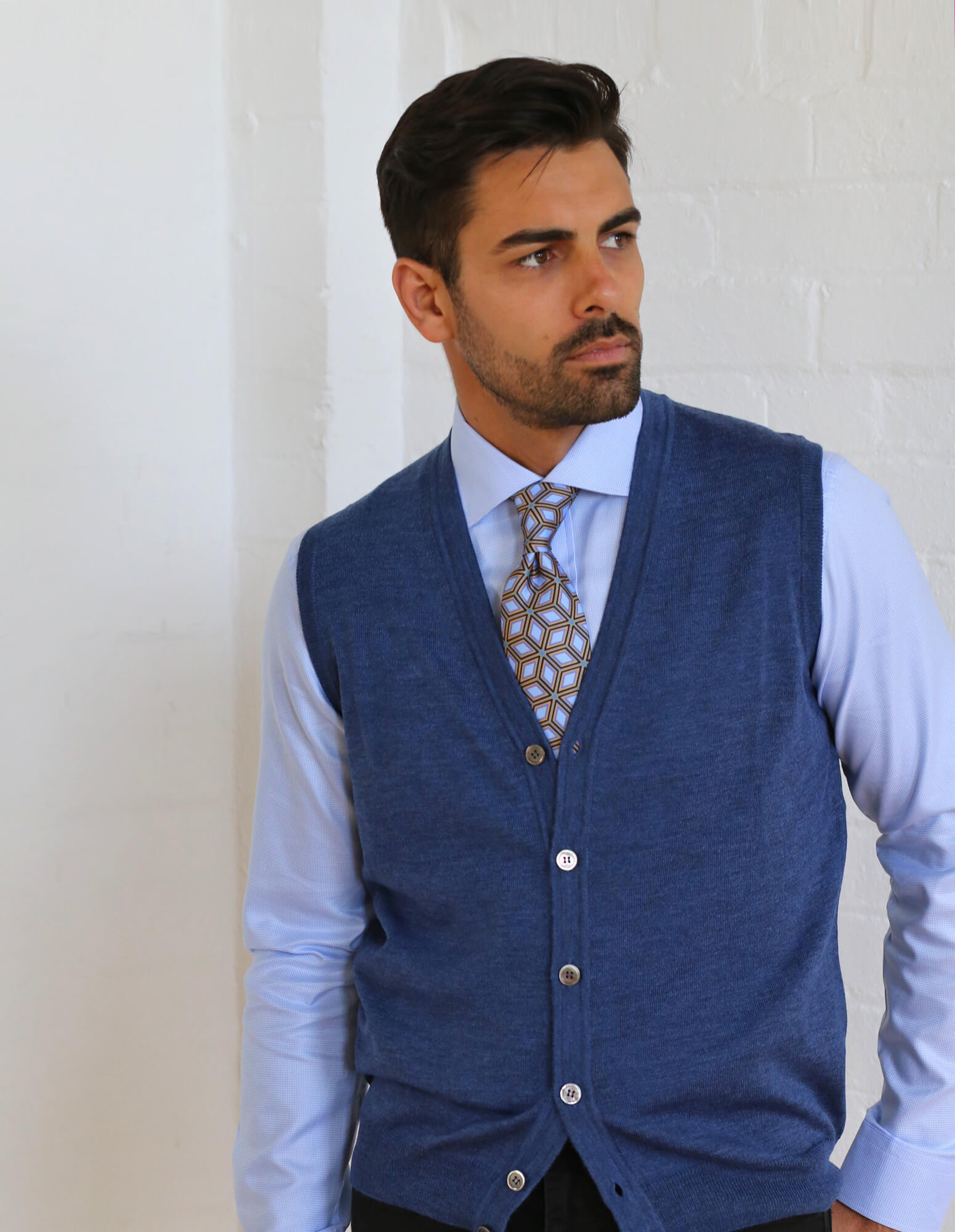 Men's Merino Wool Button-Down Vest - Soft & Warm Blue Sweater Vest for Winter Layering, Outdoor Hiking & Casual Office Wear