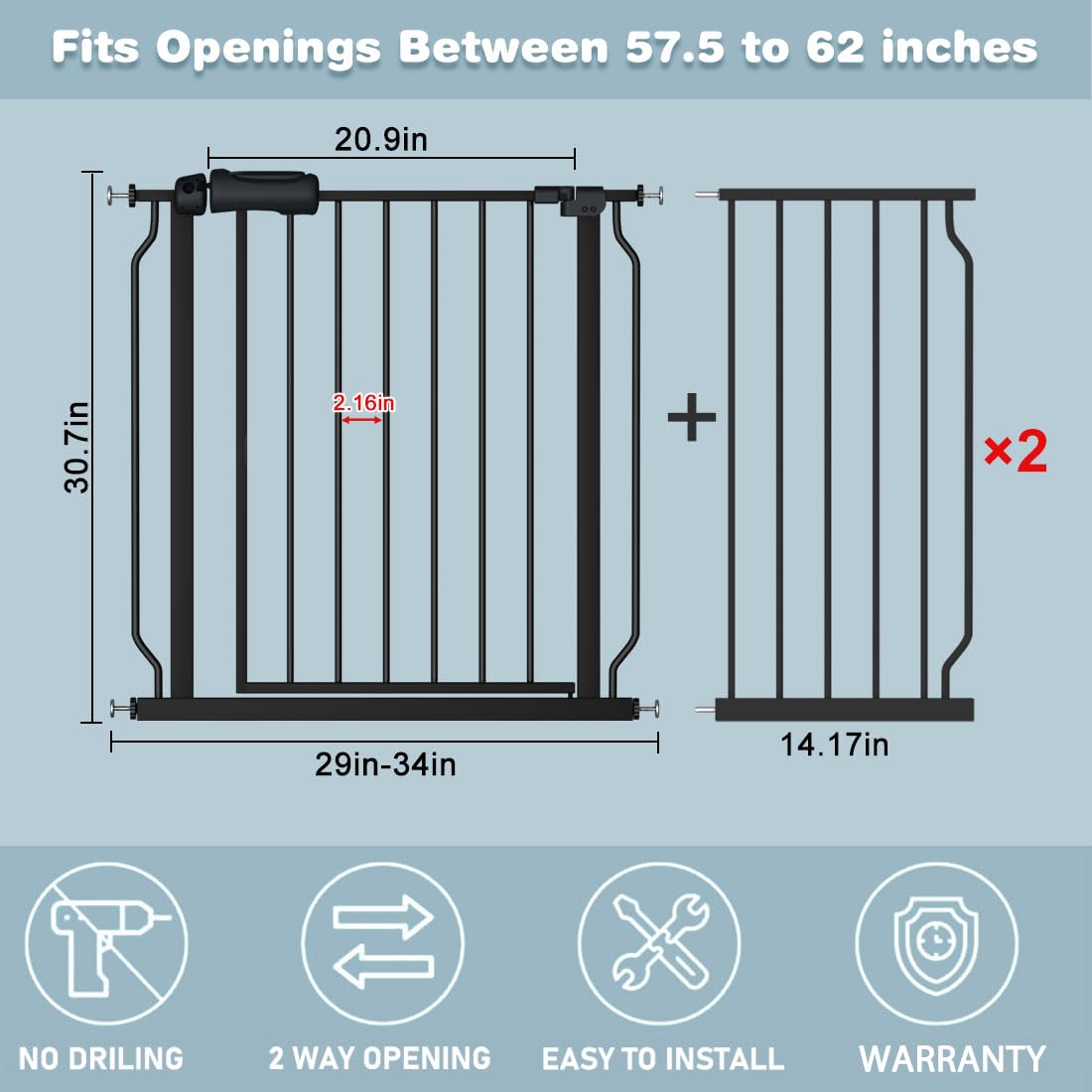 Extra Wide Baby Gate 57.5-62 Inch - No Drill Pressure Mounted Walk Through Dog Gate with Auto Close - Child & Pet Safety Gate for Doorways, Hallways, Stairs - Black