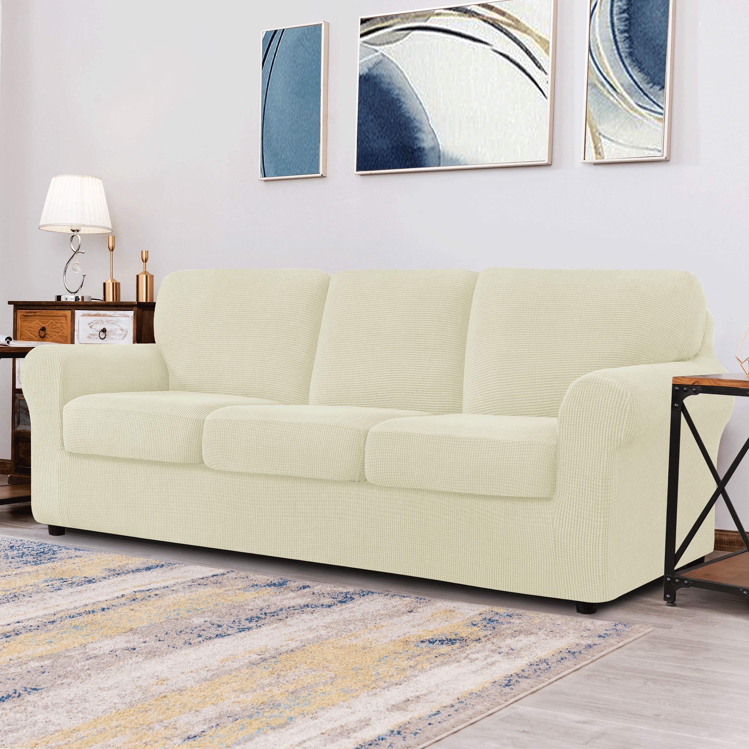CHUN YI Loveseat Sofa Cover Set - Stretchable Jacquard Fabric Slipcover with Detachable Backrest & Cushion Covers, Checkered Pattern (Ivory White) - Perfect for Living Room, Bedroom, and Home Decor Protection