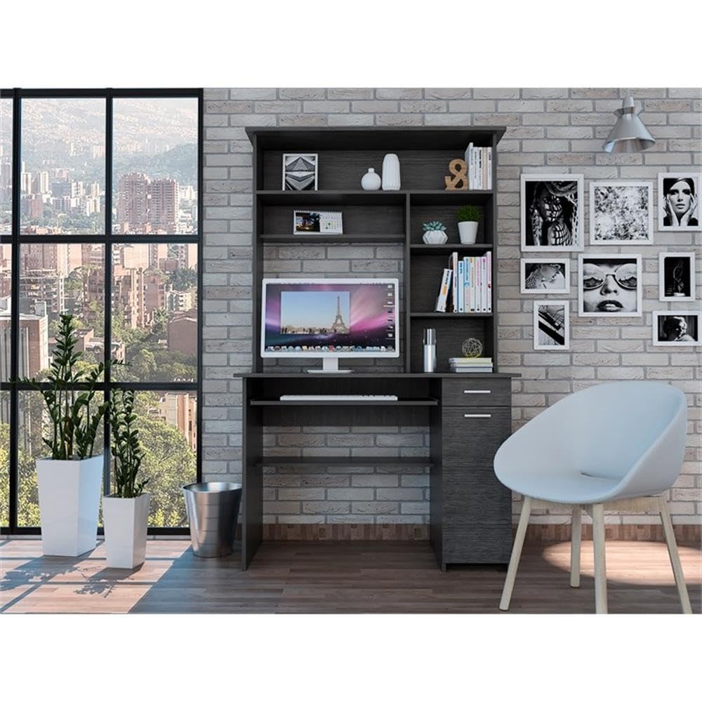 Modern Engineered Wood Desk with Hutch in Charcoal - Stylish Home Office Furniture for Small Spaces, Work from Home & Study Room Organization