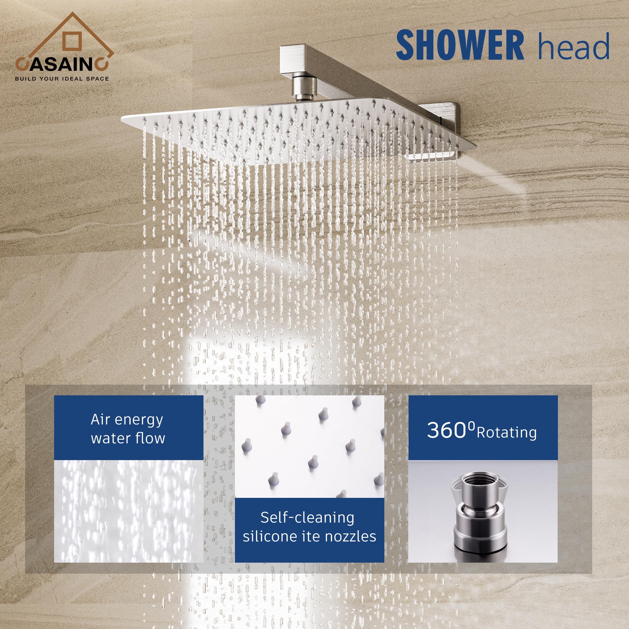 CASAINC 10 Inch High Pressure Brushed Nickel Shower System - Wall Mounted Square Rainfall Shower Head with Handheld Spray & Anti-Scald Valve for Luxurious Bathroom Upgrade | Perfect for Modern Homes, Spa-Like Experience, Water Saving & Easy Installation