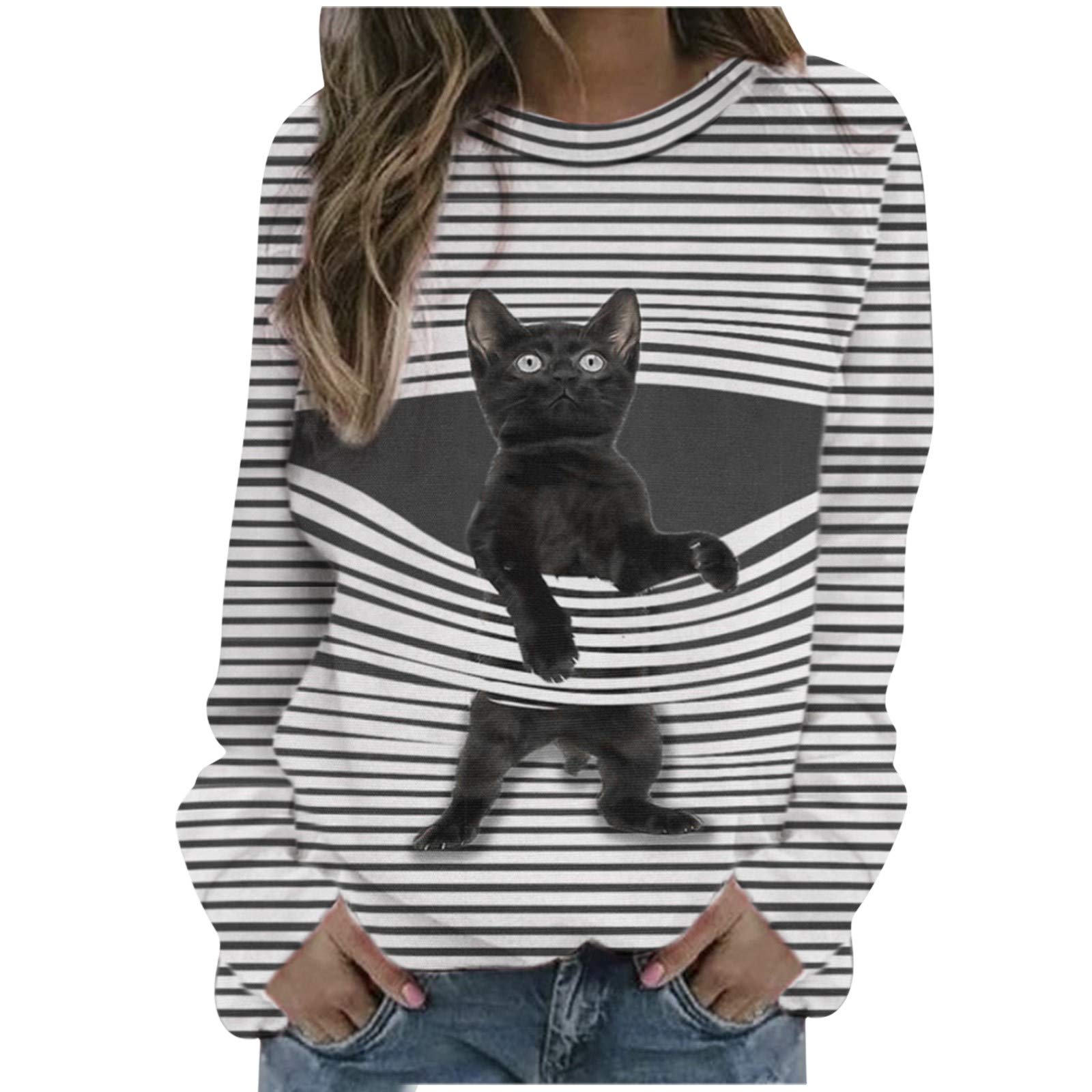 Plus Size Striped Cat Print Hoodie for Women - Casual Workout Sweatshirt with Funnel Neck | Gym, Lounge & Streetwear Fashion
