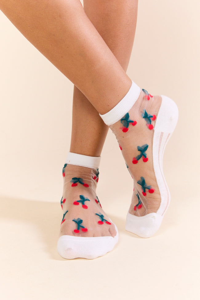 Sheer White Cherry Print Ankle Socks for Women - Breathable & Comfortable - Perfect for Casual Wear, Gifts, and Everyday Fashion