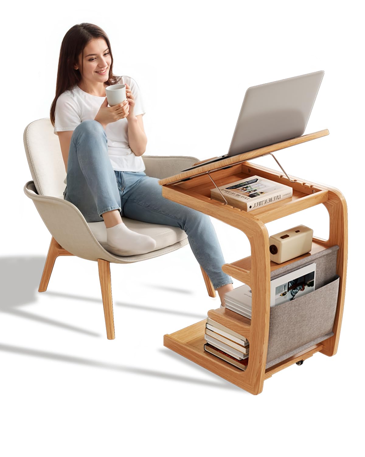 Wooden C-Shaped End Table with Lockable Wheels - 4-Tier Rolling Side Table with Storage Bag - Small Couch Desk for Living Room, Bedroom, Office - Perfect for Snacks, Laptops, Books & TV Trays (Natural)