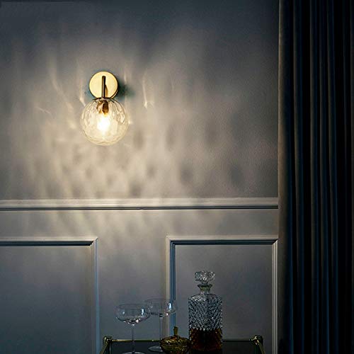 LITFAD Golden Spherical Wall Lamp - Minimalist 1 Light Rippled Glass Wall Sconce, Modern LED Wall Light Fixture for Kitchen, Study, Bedroom, Foyer - Perfect for Ambient Lighting in Living Rooms and Hallways
