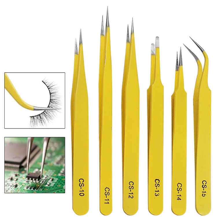 6-Piece Stainless Steel Tweezers Set - Precision Electronics Repair Tools, Phone Maintenance Kit, Eyebrow & Eyelash Tweezers - Perfect for DIY Repairs, Beauty Grooming, and Crafting Projects