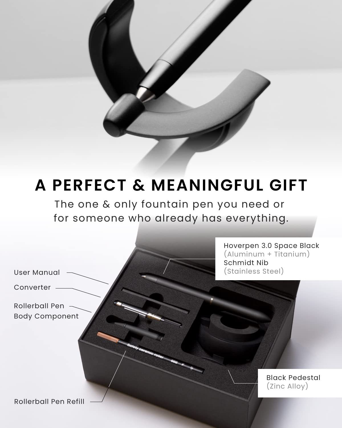 Novium Hoverpen Future Edition - Premium Fountain & Rollerball Pen Set with Fine Nib, Aerospace Metal Body, Futuristic Design in Deep Black - Executive Gift Box for Boss, Professionals & Special Occasions - Perfect for Office, Business Meetings & Luxury Gifting