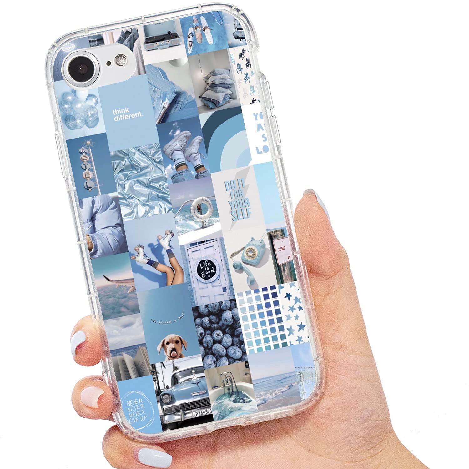 Aesthetic Clear Shockproof iPhone 7/8/SE Case - Vibe Beach Blue Collage Design Protective Cover | Perfect for Women & Girls | Great for Daily Use, Travel & Photo Shoots