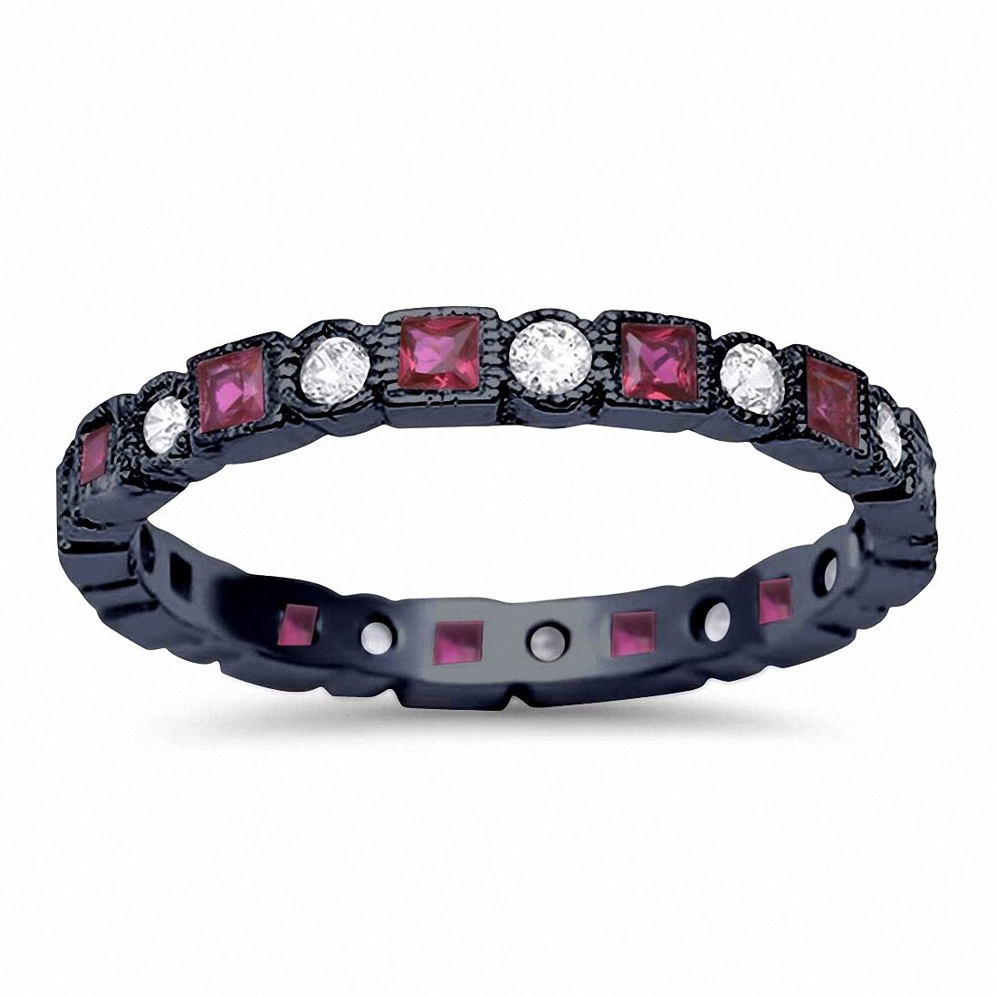 2.5mm Bezel Set Full Eternity Ring with Alternating Round Blue Sapphires in 925 Sterling Silver - Choose Your Color | Perfect for Anniversaries, Weddings & Special Occasions