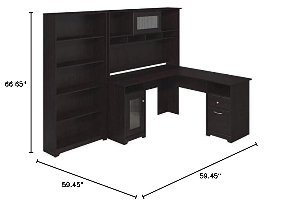 Pemberly Row 60 Inch L-Shaped Desk with Hutch and Bookcase in Espresso Oak - Perfect for Home Office, Study Room & Workspace Organization