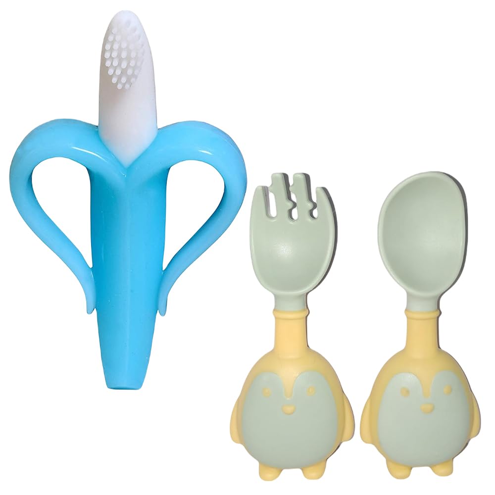 Kritiu Banana Shape Baby Brush & Spoons Set - Soft Silicone Teething Toy for Infants | BPA-Free, Non-Toxic & Easy to Clean | Perfect for Feeding, Teething Relief & Oral Care (Blue & Olive Green)