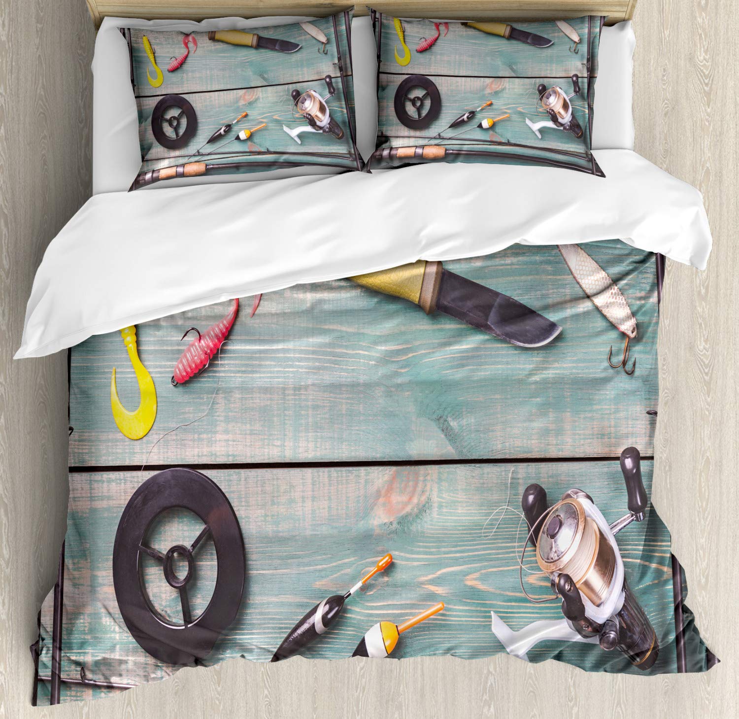 Ambesonne Fishing Theme Queen Size Duvet Cover Set - 3 Piece Bedding with 2 Pillow Shams, Multicolor Wooden Table Design Featuring Fishing Rods & Artificial Baits | Perfect for Angler's Bedroom, Cabin Decor, or Gift for Fishing Enthusiasts