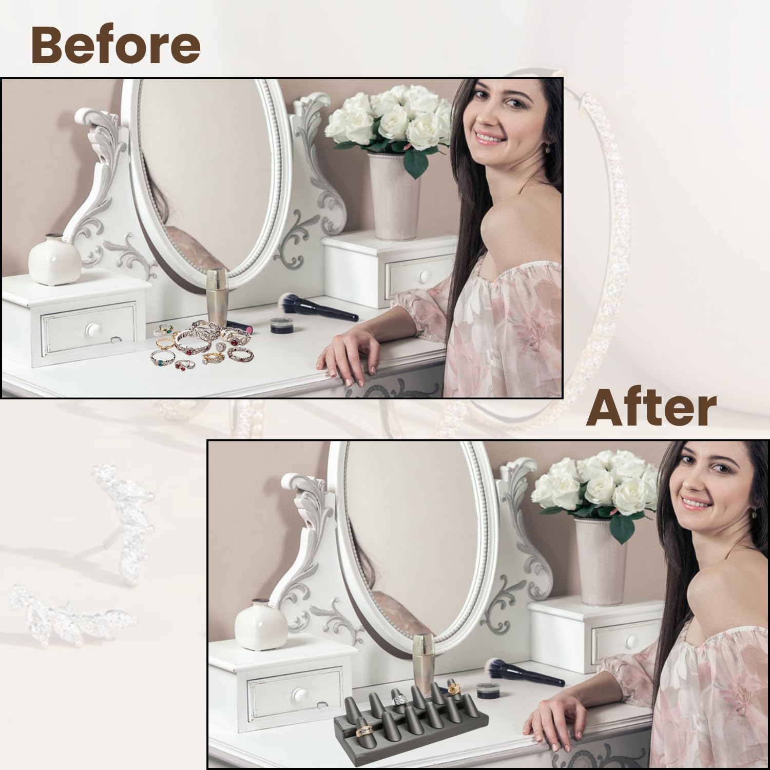 12 Finger Steel Gray Ring Stand Holder - Jewelry Display Stand for Rings (8.25x3.25x2.25 inches) with Free NB Cleaning Cloth - Perfect for Jewelry Stores, Wedding Ring Displays & Boutique Showcases