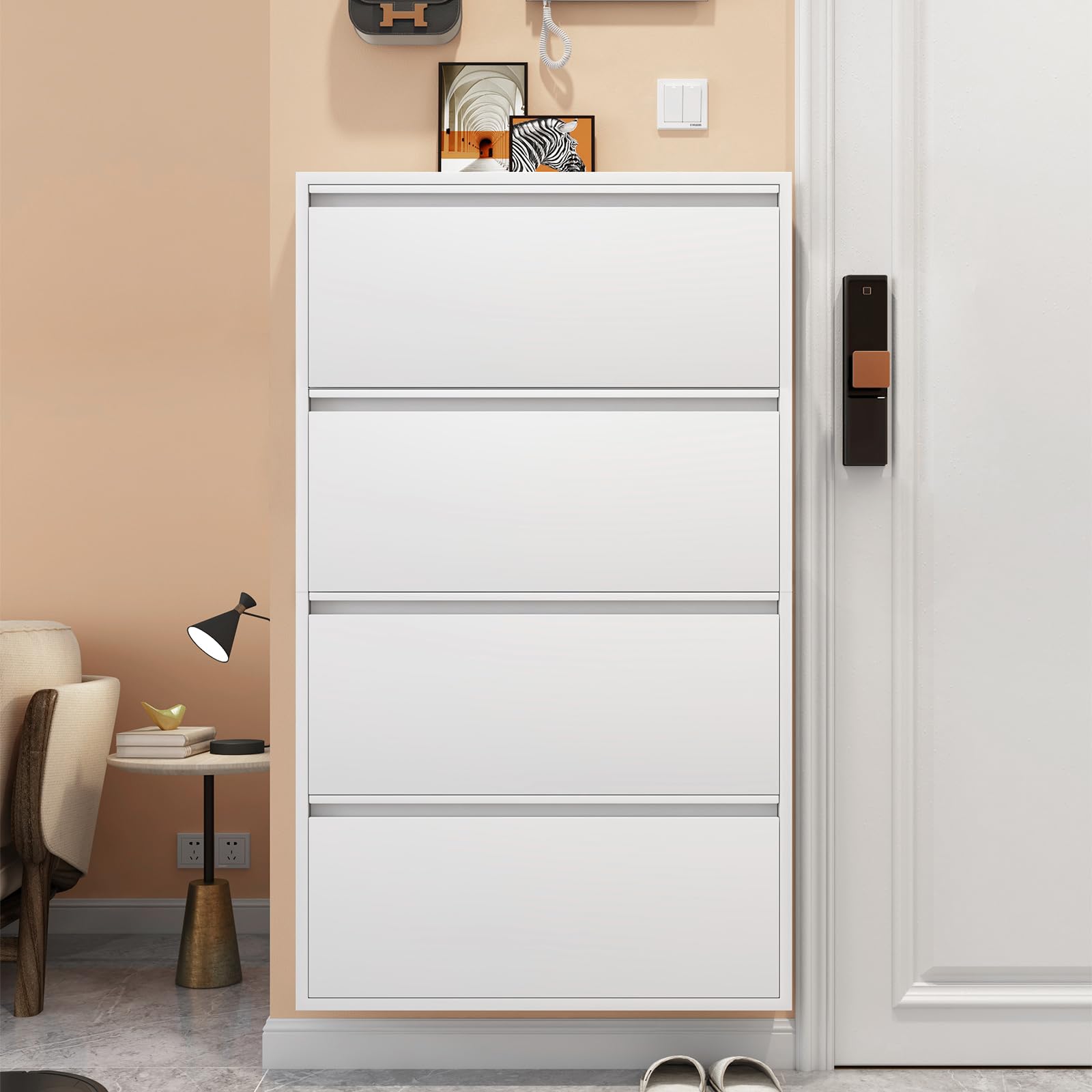 LucyPal 4-Tier Wall Mounted Shoe Storage Cabinet - White Narrow Flip-Drawer Shoe Organizer for Entryway, Hallway & Living Room (56.9