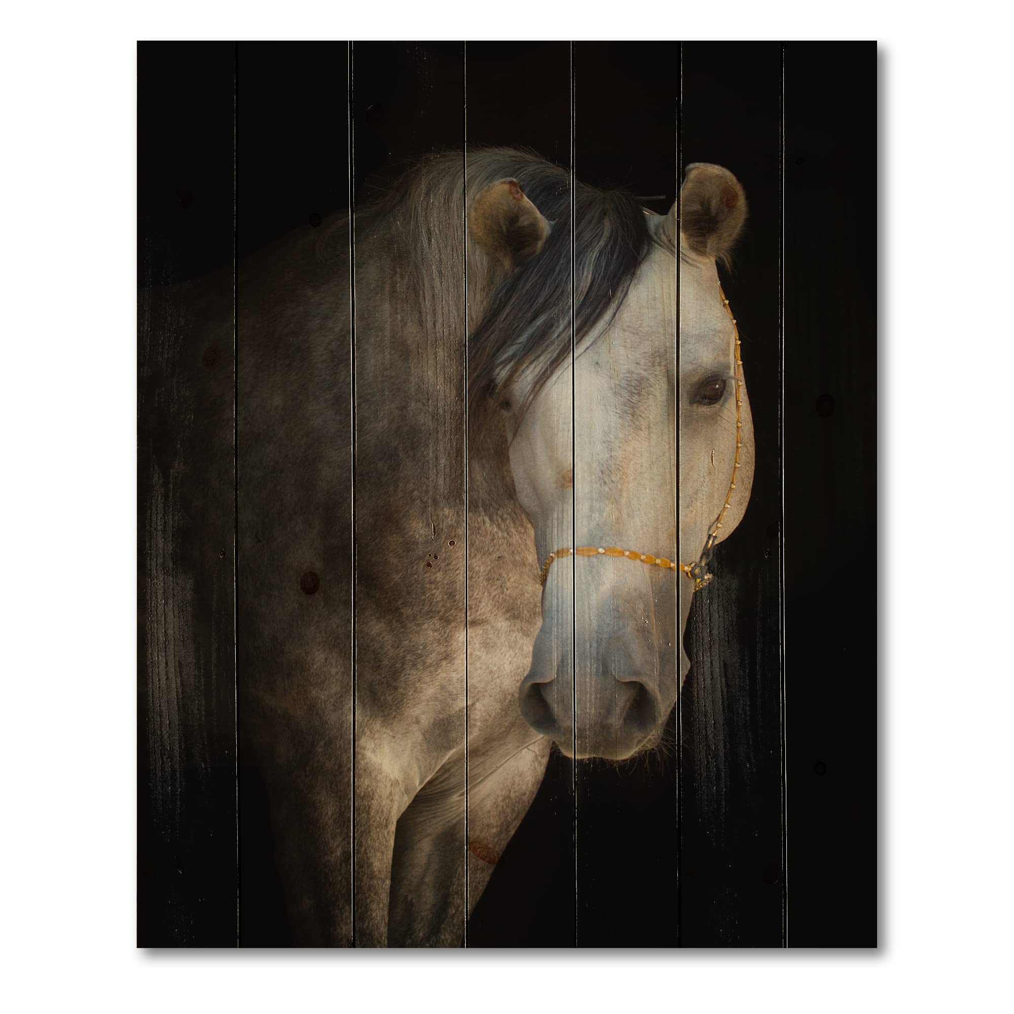 DesignQ White Horse Portrait Farmhouse Wood Wall Decor - Brown Wooden Wall Art for Living Room, Large Animal Print on Natural Pine Wood Panel - Perfect for Home, Office & Cabin Decor