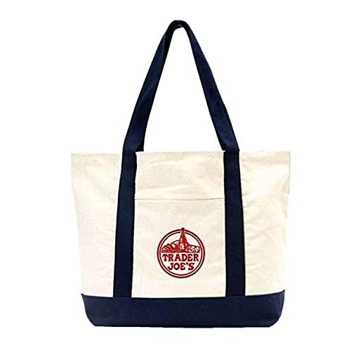 Large Cotton Canvas Tote Bag - Trader Joe's Inspired Shopping, Beach & Book Bag with Embroidered Design | Perfect for Groceries, Travel & Everyday Use