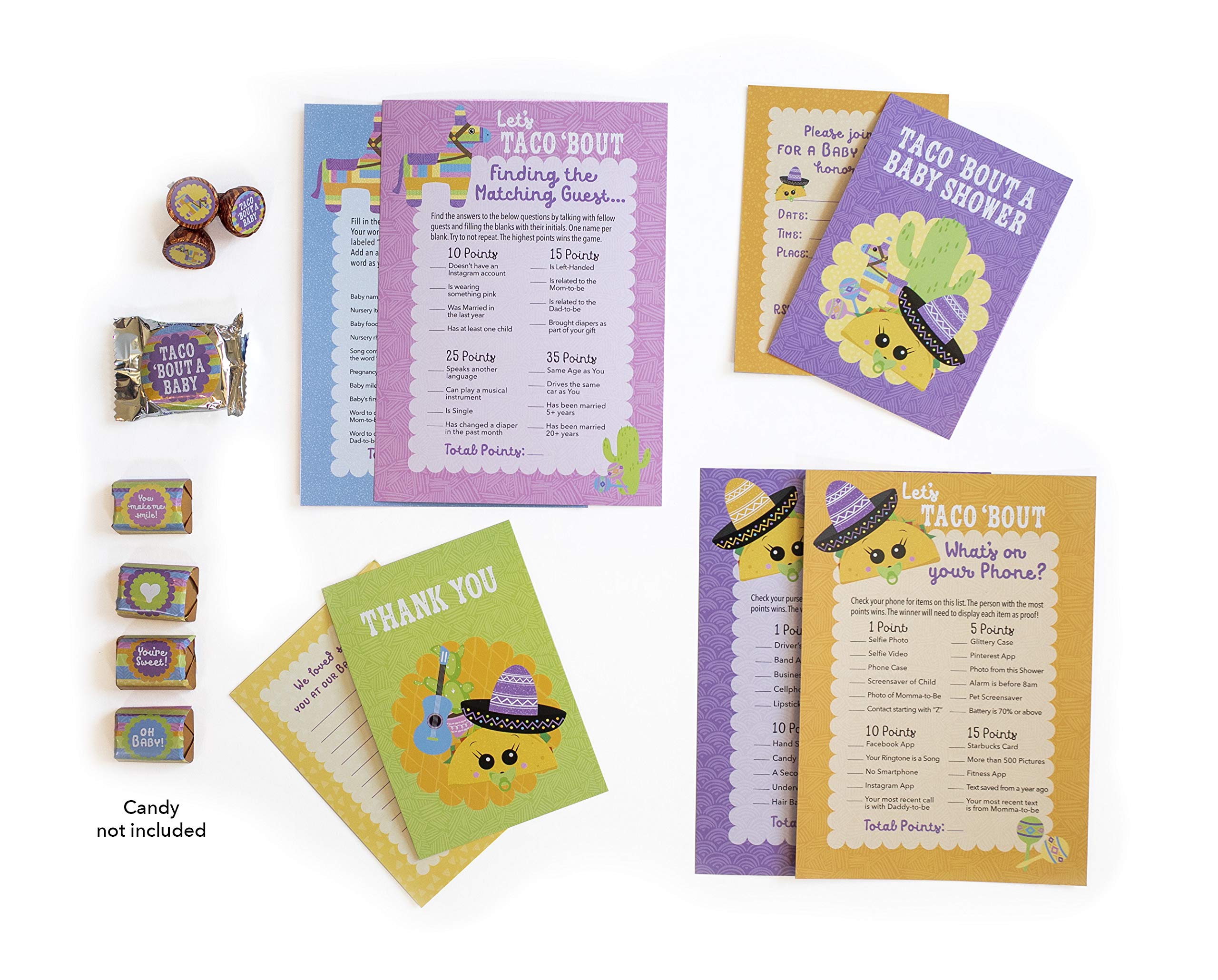 Taco Bout A Baby Shower Invitations & Thank You Cards Set - 20 Invites, 20 Thank You Cards, 40 Game Cards with 4 Unique Baby Shower Games - Fiesta Taco Theme for Gender Reveal, Baby Announcement or Birthday Party - Perfect for Taco-Themed Celebrations and Mexican Fiesta Decor