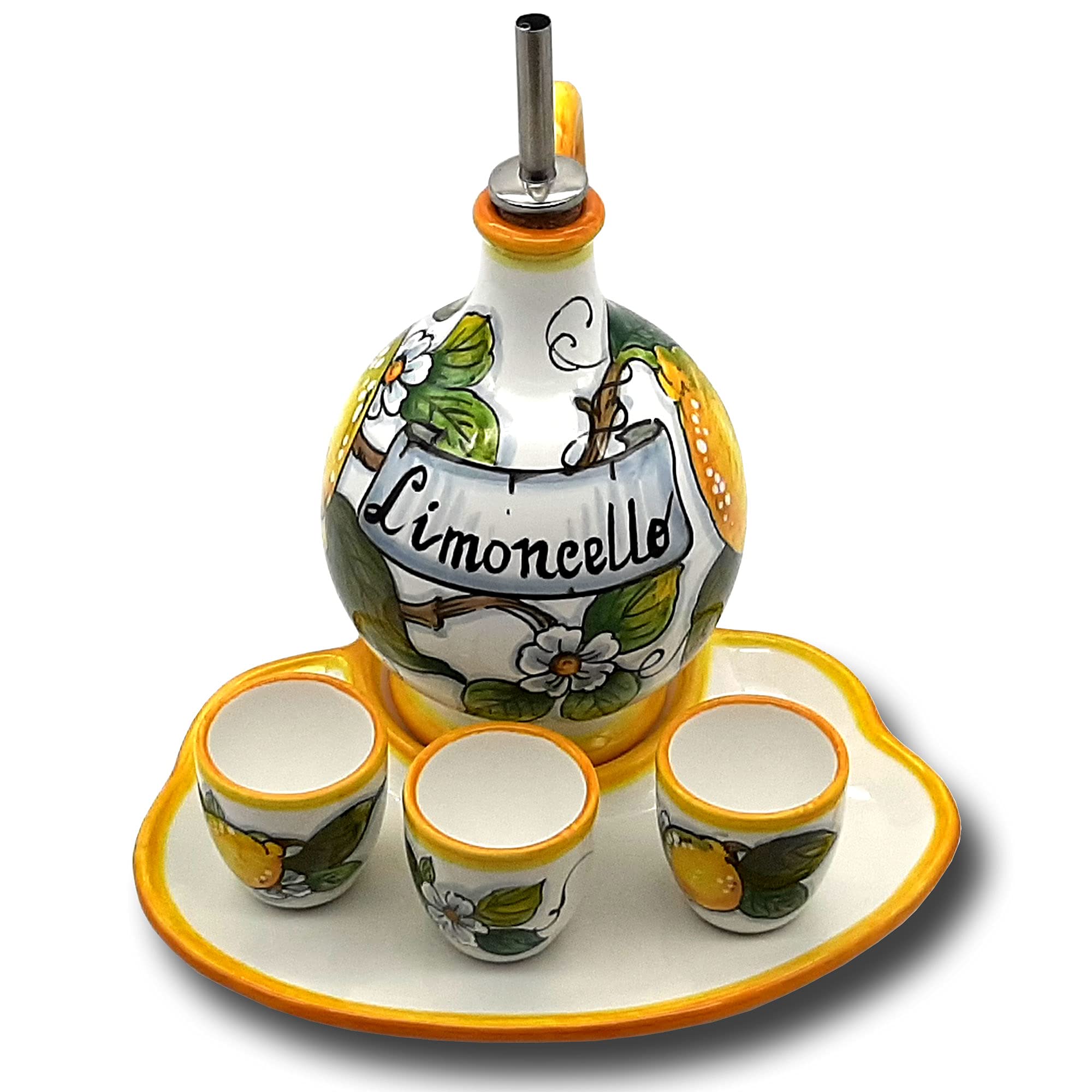 Italian Hand-Painted Limoncello Ceramic Set - 6 Shot Glasses & Tray with Lemon Design - Tuscan Kitchen Barware for Entertaining - Authentic Italy-Made Home Decor for Cocktail Parties & Gifts